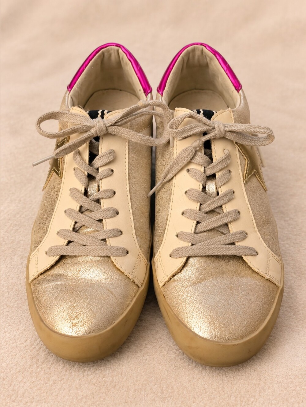 Metallic Gold Low-Top Women’s Sneakers with Pink Trim Distressed Loom